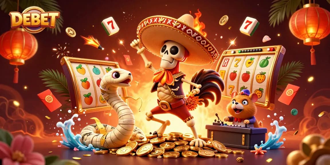 Spin to win with DEBET while enjoying a vibrant casino scene featuring exciting characters.