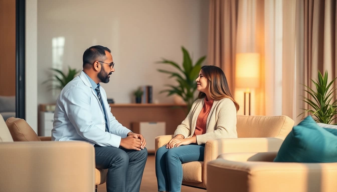 Engage with a Dubai psychiatrist in a welcoming clinic environment, promoting mental health discussions.