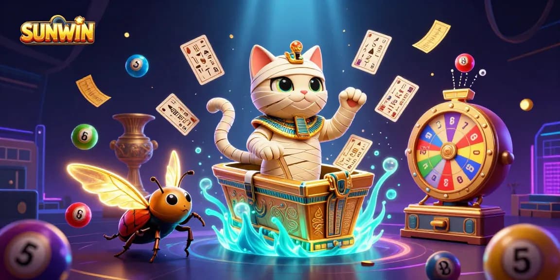 SUNWIN brand illustration showcasing a vibrant Egyptian-themed casino with dynamic lottery elements.