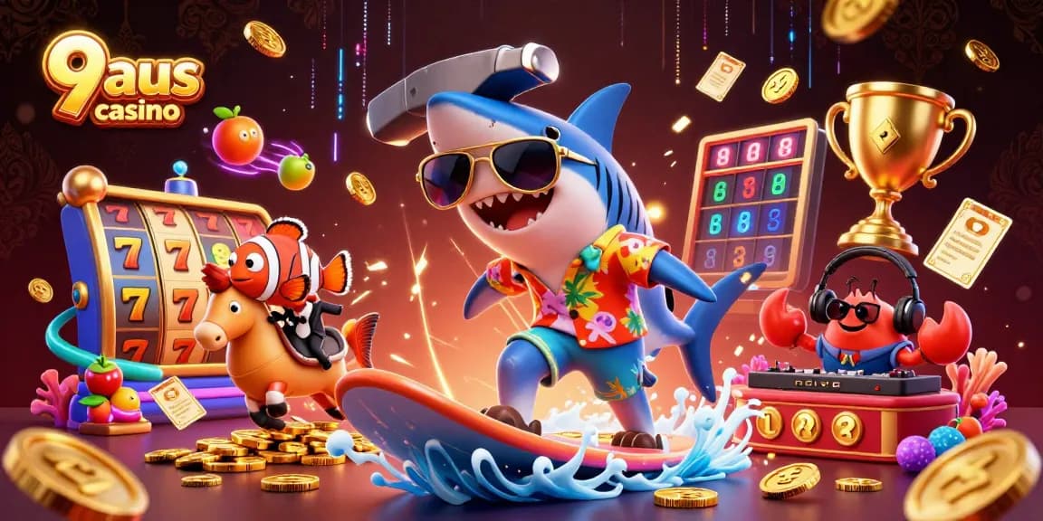 Experience thrilling gameplay at 9aus casino with our exciting cartoon illustration featuring dynamic slot elements.