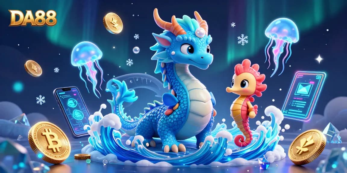 DA88 showcases a vibrant casino world, featuring a dragon and crypto elements amidst a colorful backdrop.