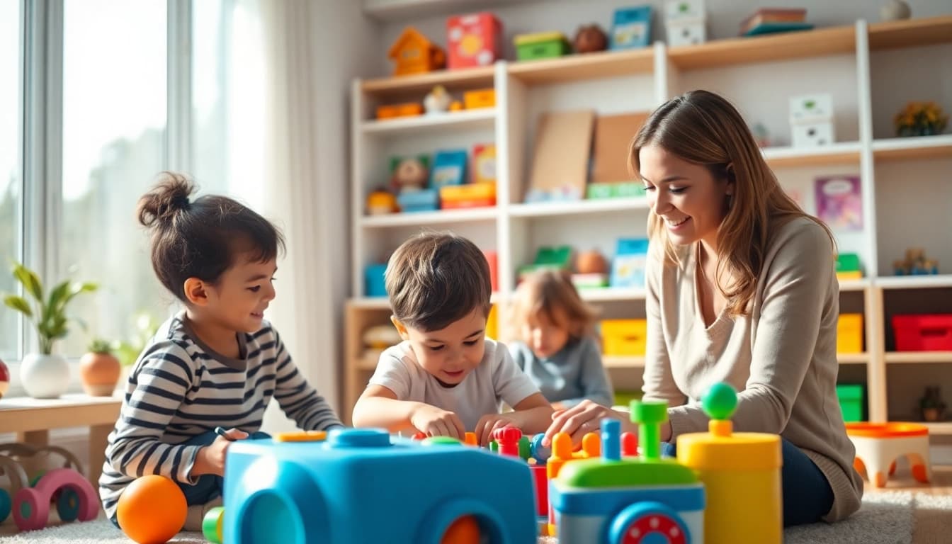 Children engaged in ABA services near me with a therapist in a colorful therapy room.