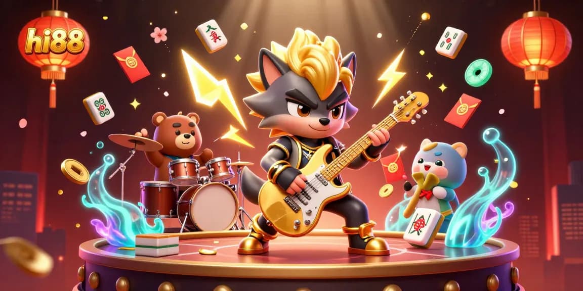 Experience the excitement of hi88 with a vibrant casino scene featuring an energetic rock star wolf and drummer bear.