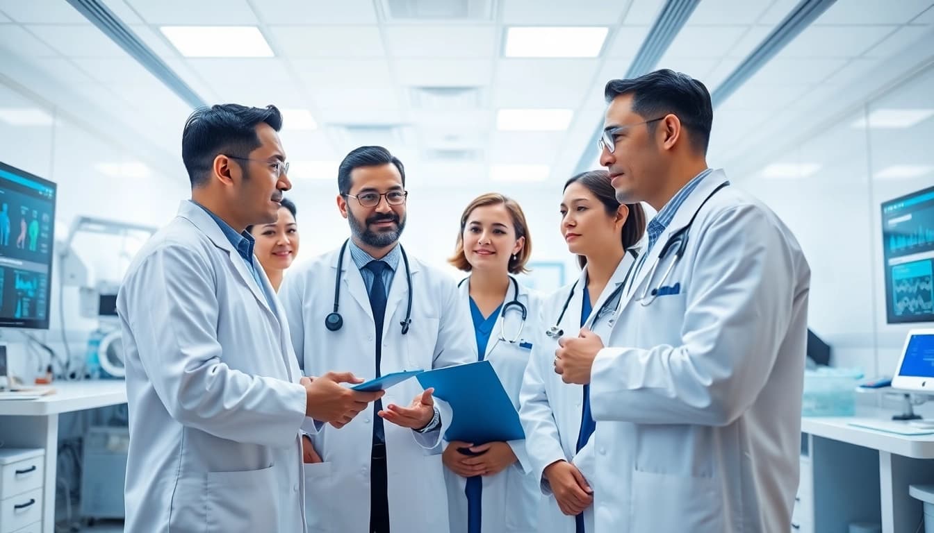 Doctors utilizing AI clinical decision support software for doctors in a modern hospital.