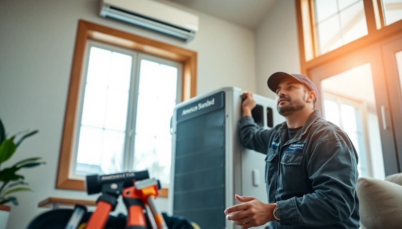 Expert American Standard HVAC dealer installing a unit in a modern home for optimal comfort.