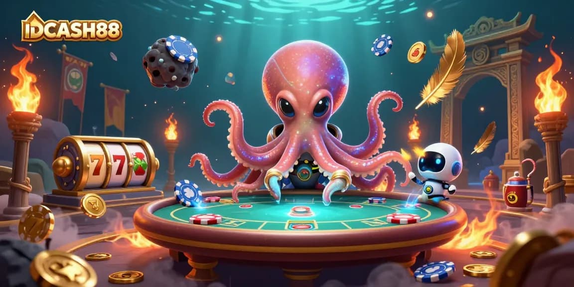 Experience thrilling gameplay at IDCASH88 with an exciting scene featuring a playful alien octopus at a holographic poker table.
