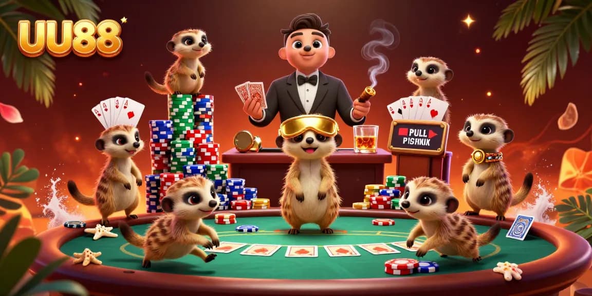 Experience the excitement of UU88's casino operations with meerkats arching over poker tables filled with chips.