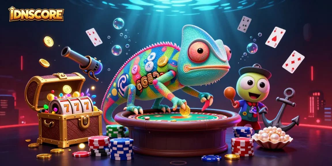 Experience the excitement of IDNSCORE as the chameleon casino owner interacts with vibrant slot games and rich elements.