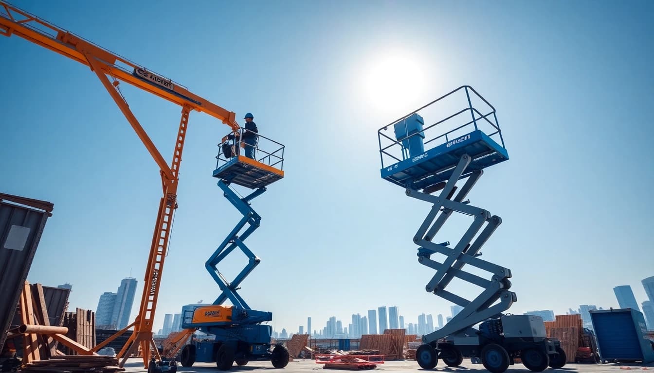 Operative genie lift and genie boom showcasing versatility and height in a construction environment.