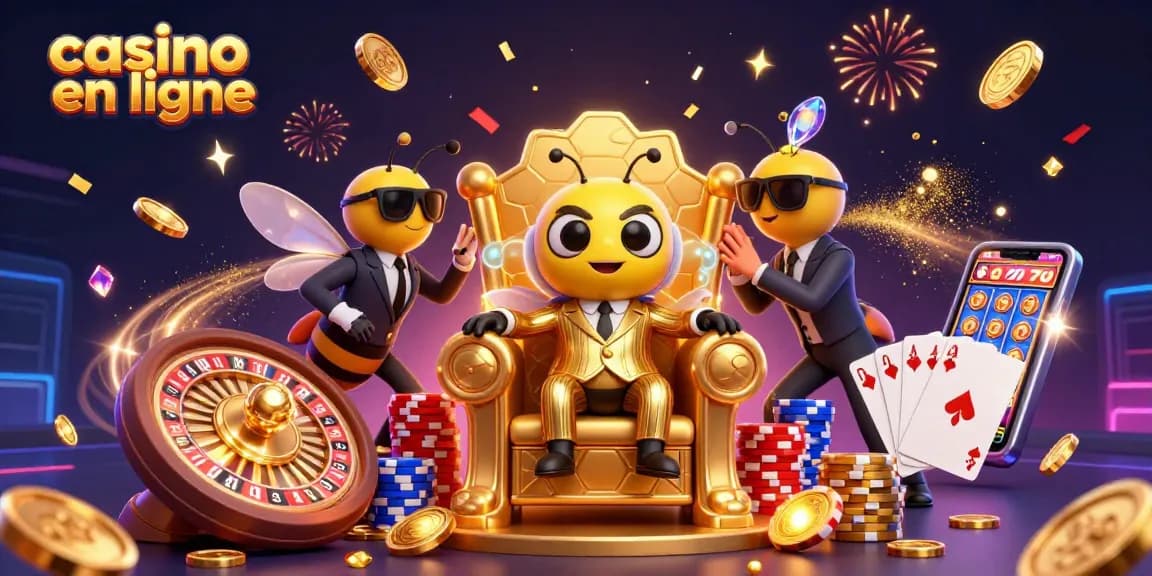 Création dynamique illustrant le casino en ligne avec un boss bourdon et des éléments de jeu captivants.