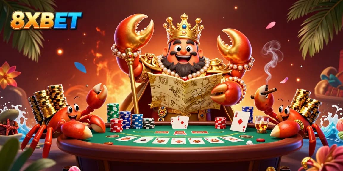 Experience thrilling wins at 8XBET with a dynamic illustration featuring a golden crab emperor and poker elements.