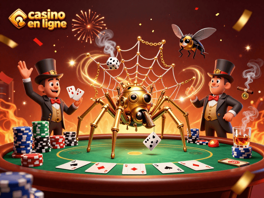 Gagnez au casino en ligne avec une araignée steampunk dorée et une ambiance festive dynamique pleine de détails