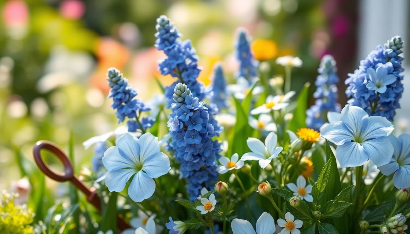 Gestalte eine blühende bluetenbande in einem schönen Garten mit frischen Farben.