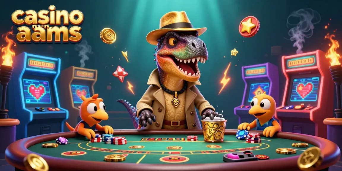 Gioca nei casino non AAMS con un velociraptor al tavolo da blackjack, circondato da macchine arcade colorate.