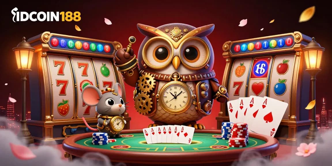 IDCOIN188 brings exciting slot games with vibrant visuals in a playful casino scene featuring time-traveler characters.