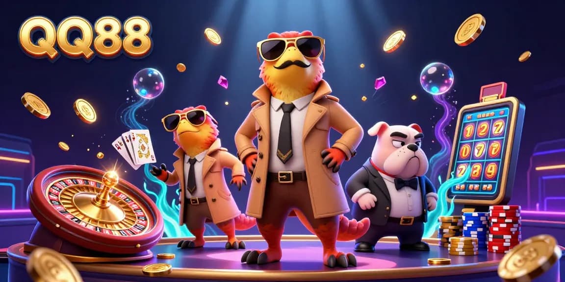 Enter the VIP lounge with QQ88 as raptors in disguise, amidst golden coins and casino elements.