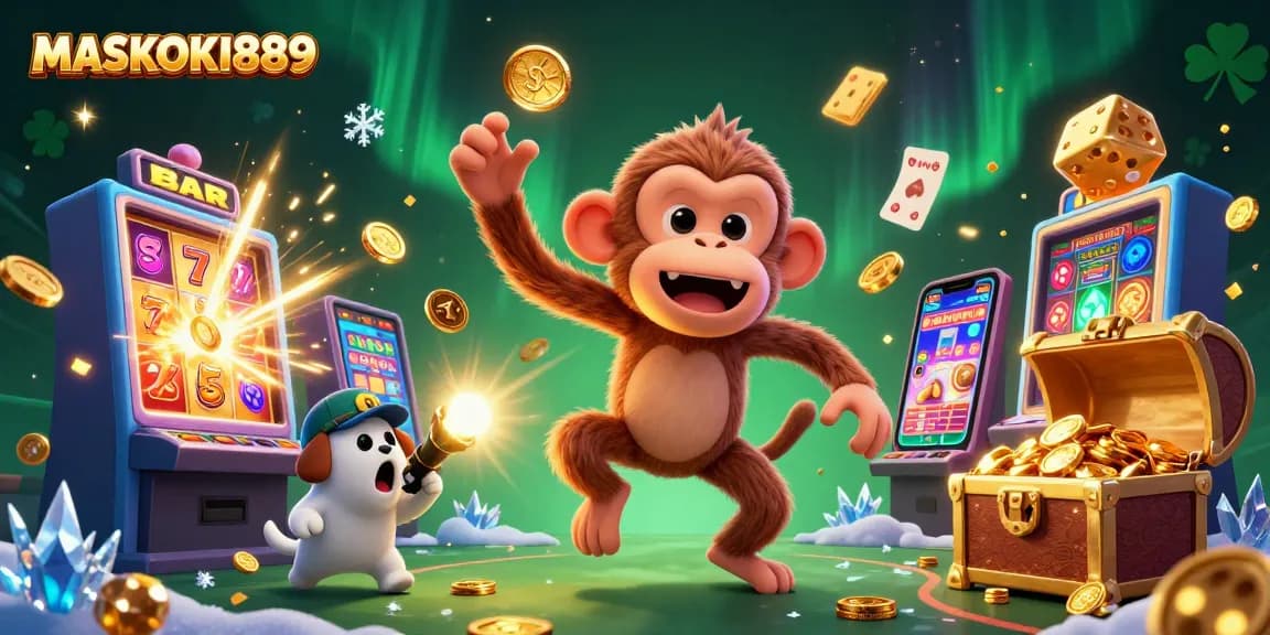 Engage with MASKOKI889 as a mischievous monkey juggles casino treasures amidst vibrant jackpot excitement.