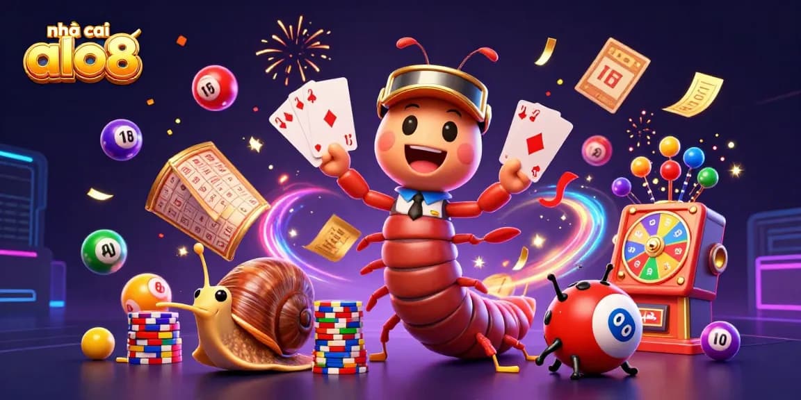 Engage with the vibrant scene celebrating nhà cái alo8, featuring a millipede dealer among dynamic lottery and casino elements.