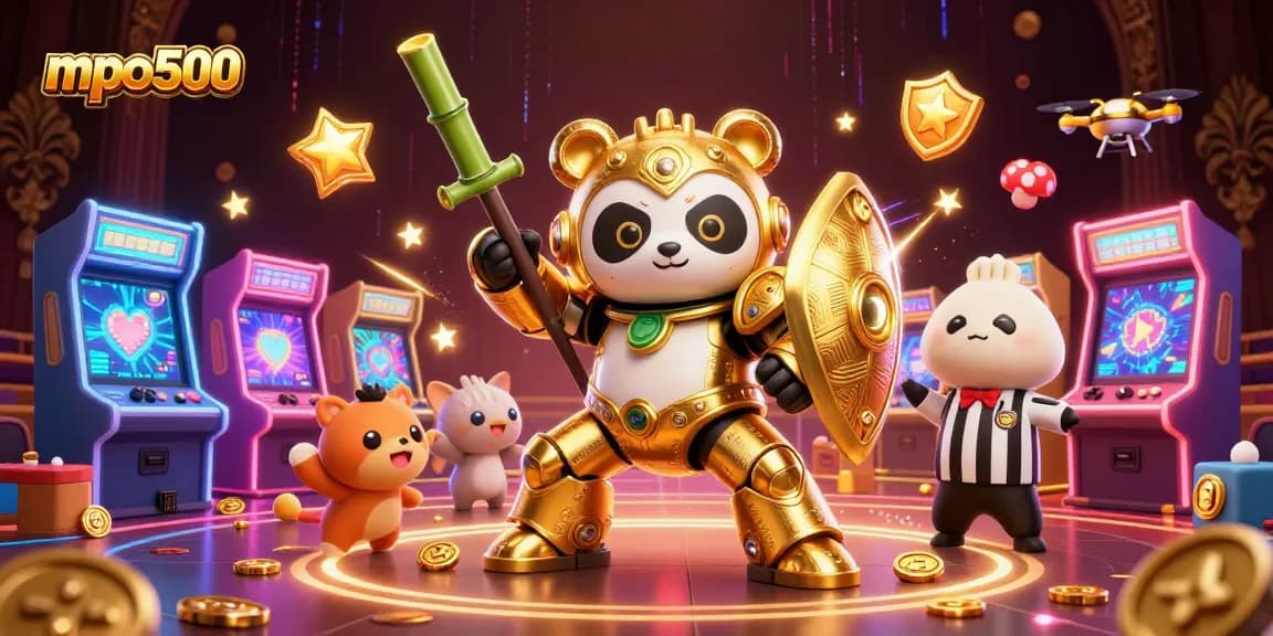 MPO500 offers vibrant casino gaming strategies with lively panda piloting a bamboo robot amidst exciting arcade elements.