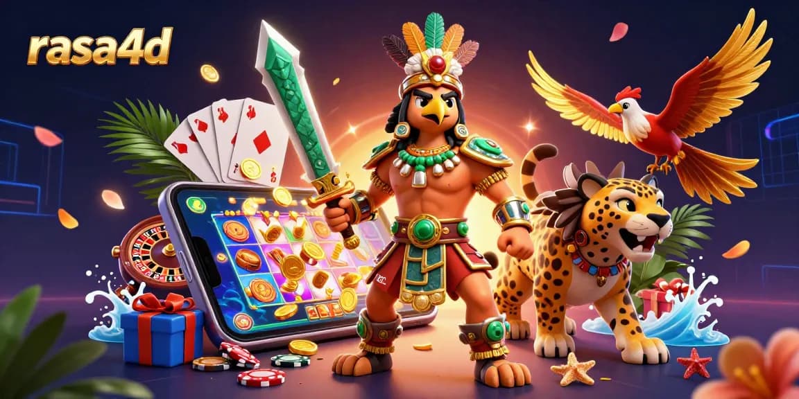 Rasakan keseruan permainan slot dan keuntungan dari rasa4d dengan ilustrasi karakter Aztec di kasino.