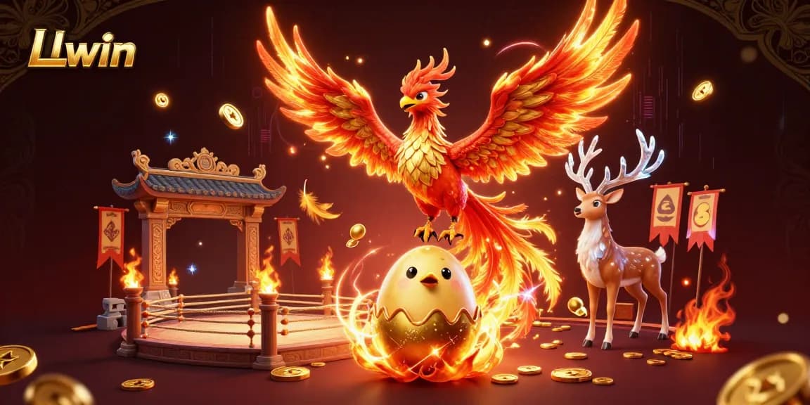 Experience thrilling gaming action at Llwin with an enchanting phoenix and mystical stag amidst golden coins and betting tokens.