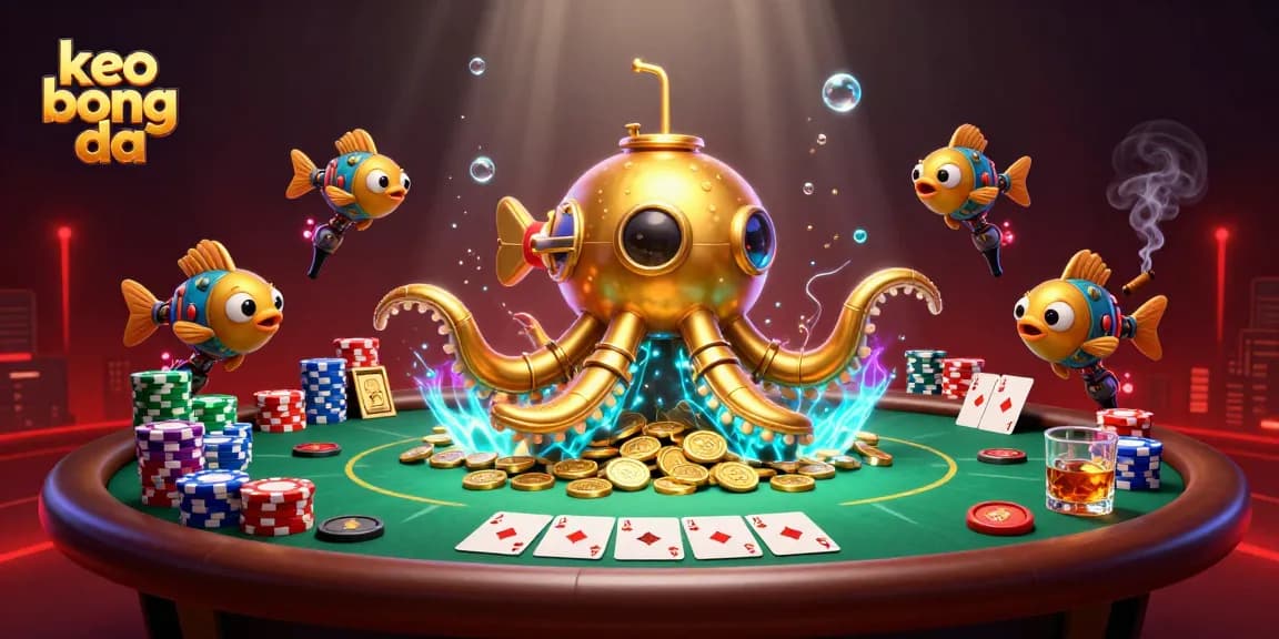 Engage in exciting keo bong da action with a golden kraken submarine surfacing amidst poker elements and glowing coins.