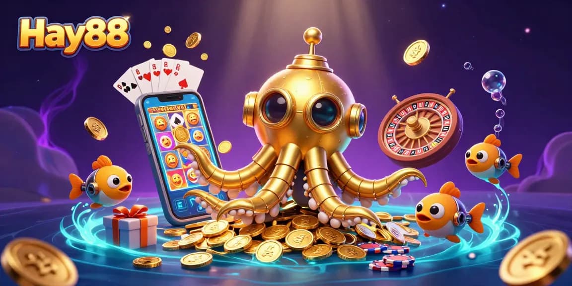 Experience thrilling gaming with Hay88's golden kraken submarine surfacing amidst golden coins and dynamic slot elements.