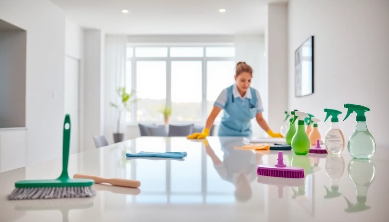 Bond cleaning service in action showcasing bright surfaces and organized cleaning tools.
