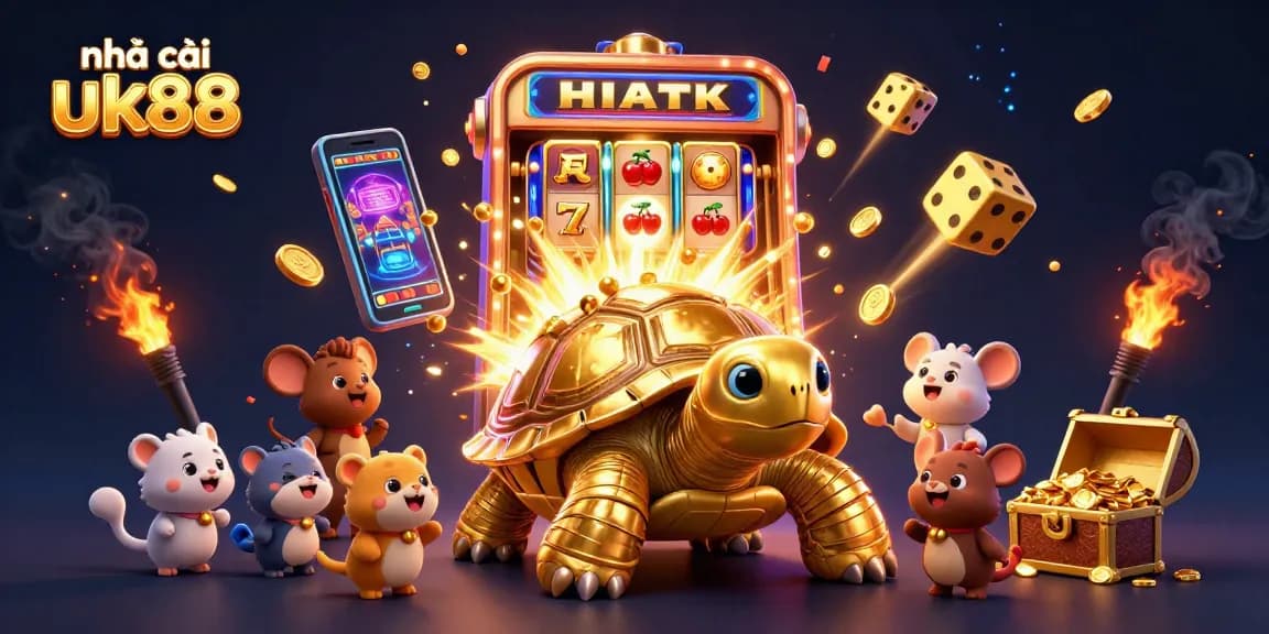 Experience the thrill at nhà cái uk88 with a stunning golden tortoise pinball machine and vibrant casino elements.