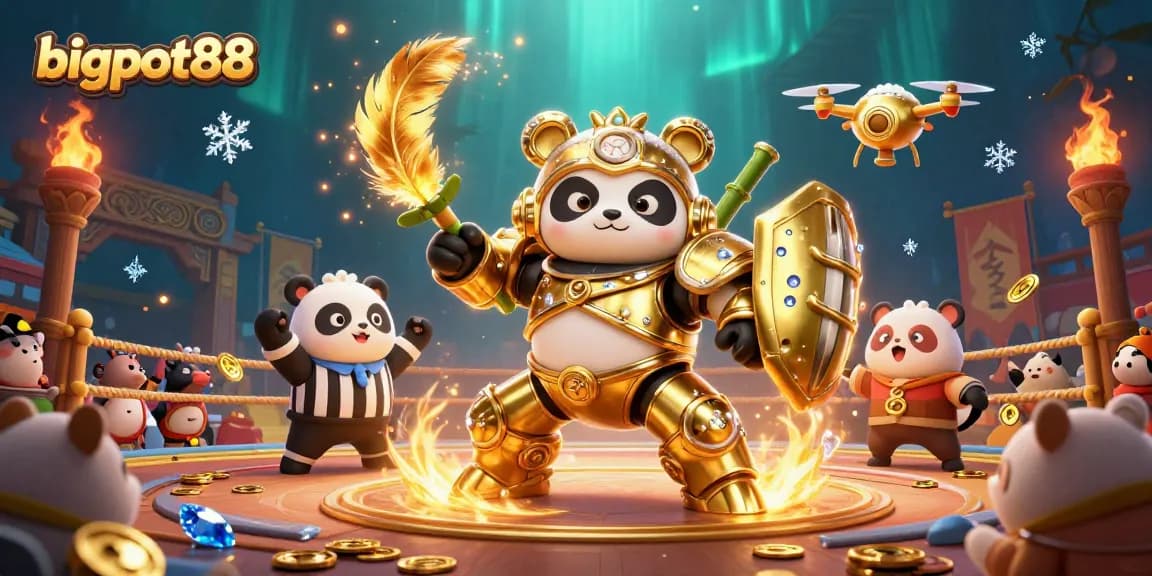 Menangkan jackpot di bigpot88 dengan ilustrasi 3D yang menampilkan panda emas di arena kasino