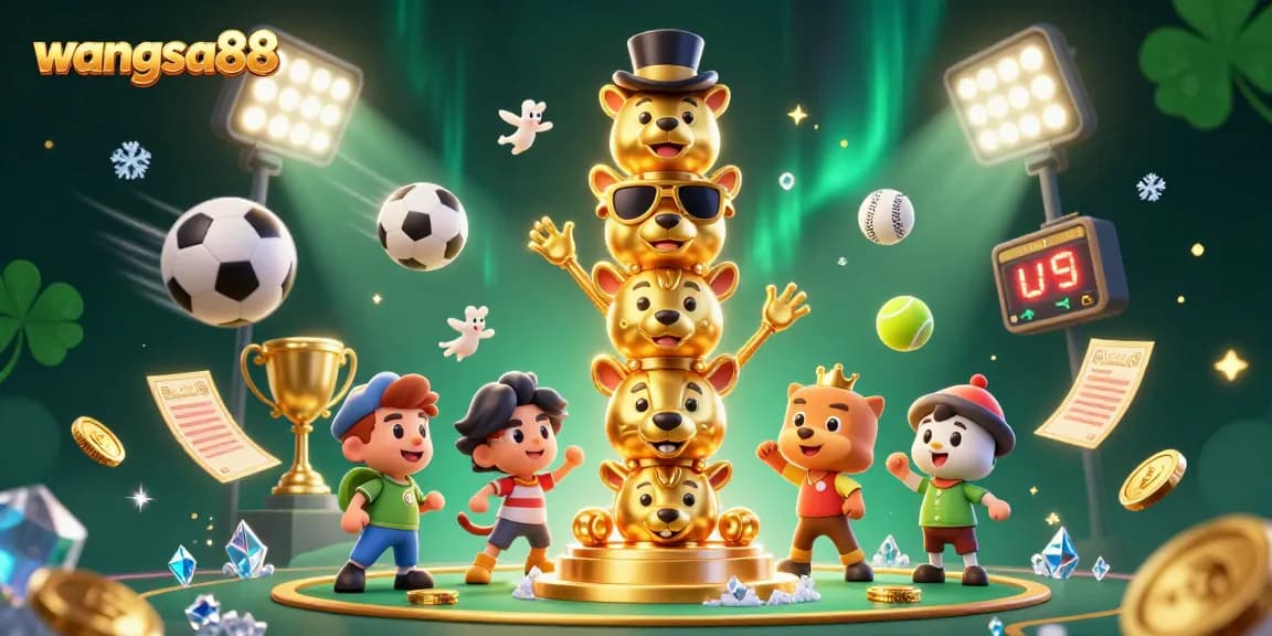 Experience the thrill of gaming with wangsa88's dynamic casino-themed illustration featuring vibrant characters and sports elements.