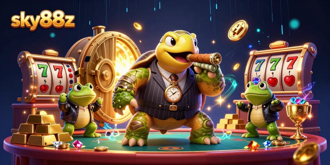 Join the fun at sky88z with a colorful casino scene featuring a massive snapping turtle and treasure elements.