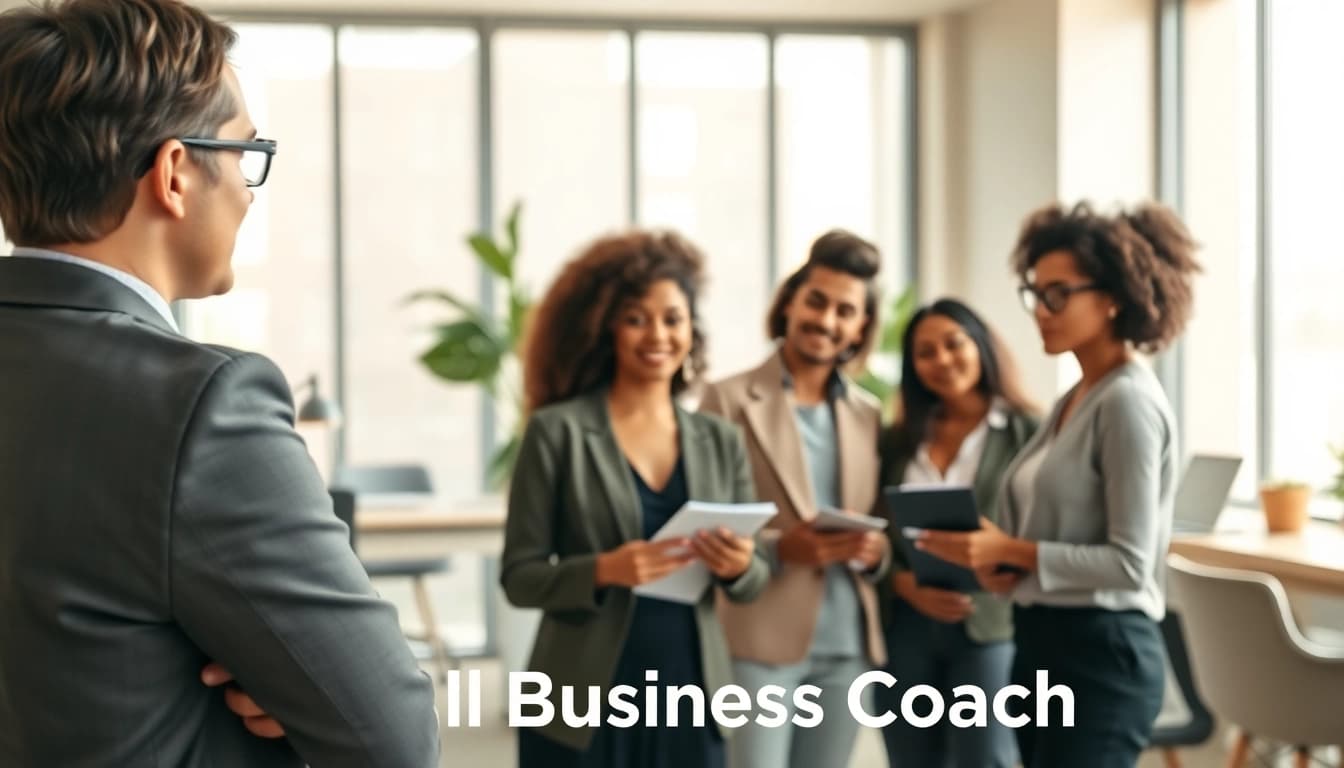 Engaging moment with small business coach sacramento guiding entrepreneurs in a modern office.