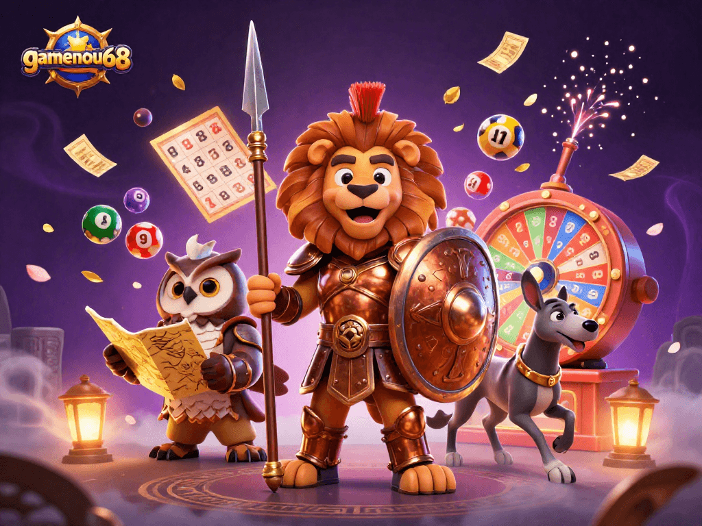Engage in exciting games at gamenohu68 with lottery elements illustrated in a vibrant digital art scene.
