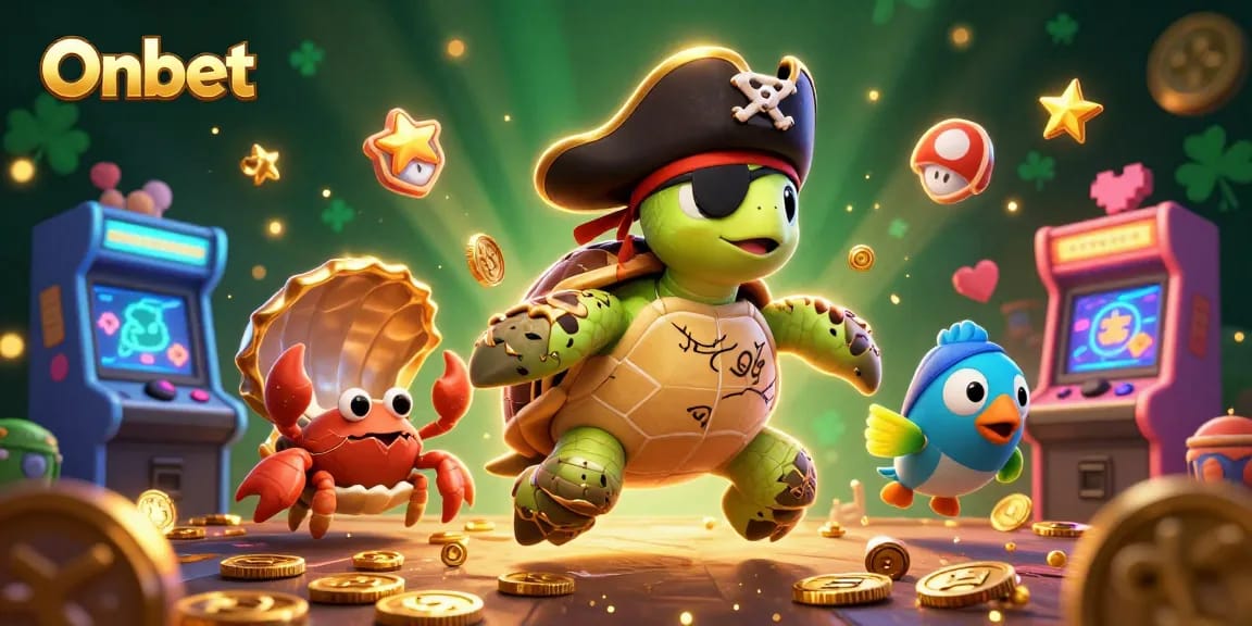 Win big with Onbet as 3D characters celebrate around treasure in a vibrant casino.