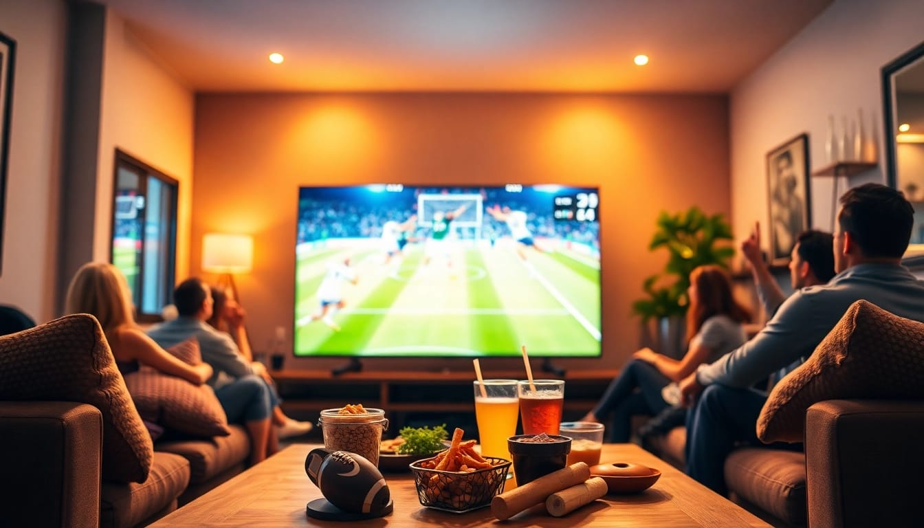 Menyaksikan live steraming bola gratis di ruang tamu yang nyaman dengan penonton antusias.
