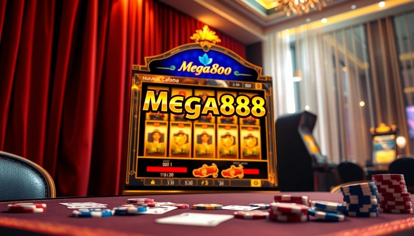 Mega888 latest version slot machine in a luxurious casino setting with casino chips and cards.