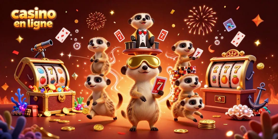 Casino en ligne : meerkats gérant une opération de casino dynamique avec des éléments de jeu sous-marins colorés.
