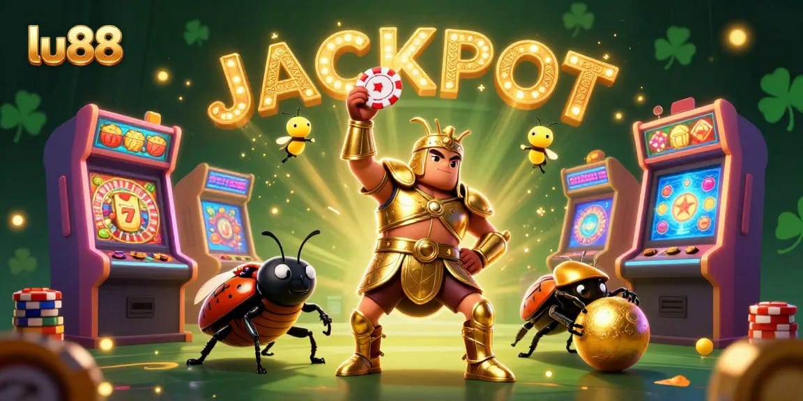 Experience winning thrills with lu88 in a vibrant 3D casino scene featuring a victorious beetle hero.