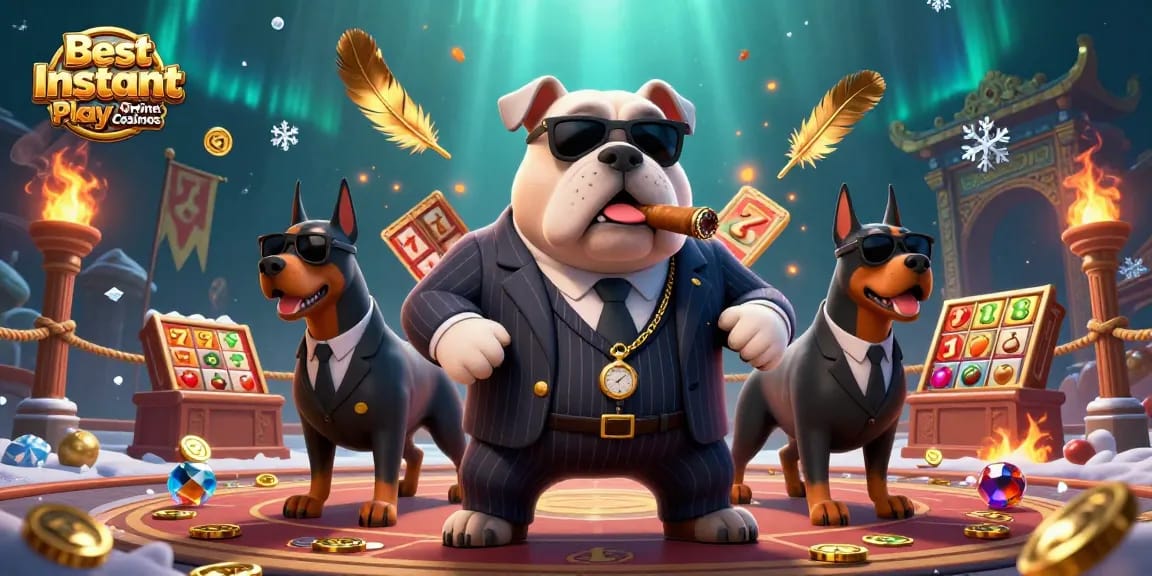 Experience top-tier action at Best Instant Play Online Casinos with a 3D casino scene featuring a mafia bulldog and Doberman bodyguards.
