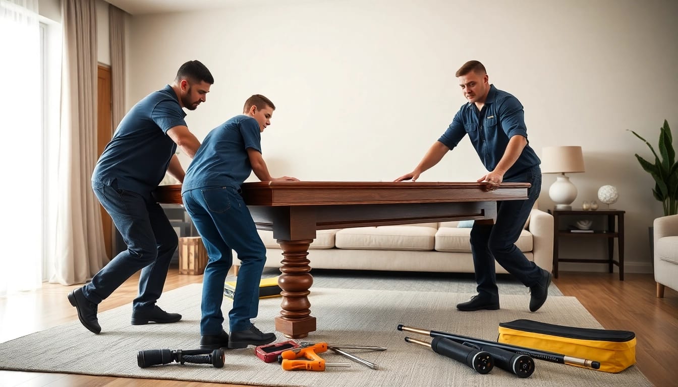 Pool table movers dallas transporting a slate pool table in a well-lit living room.