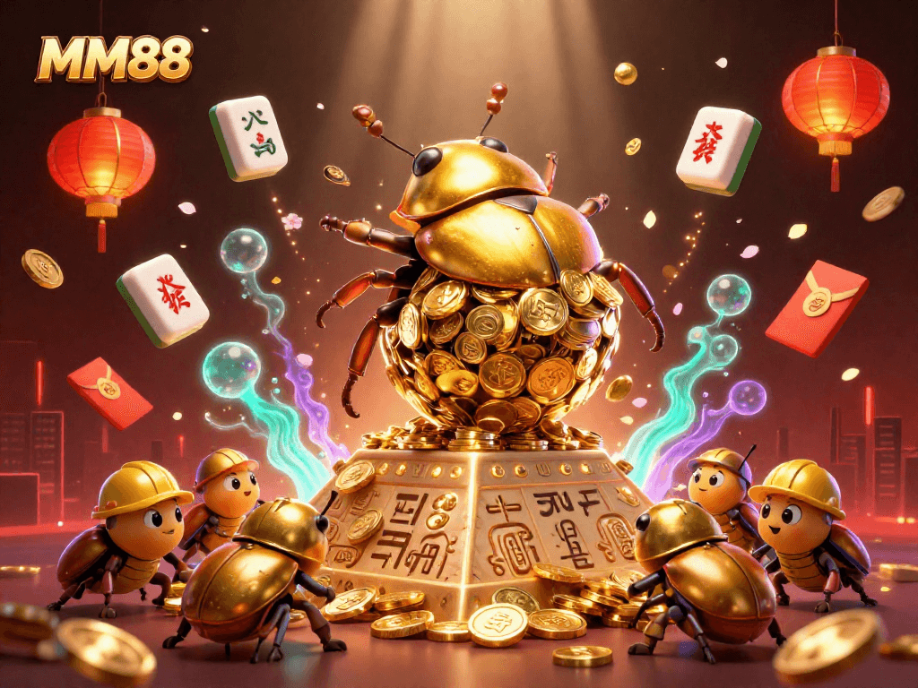 Experience MM88 with a golden beetle rolling coins, showcasing vibrant Asian casino elements.