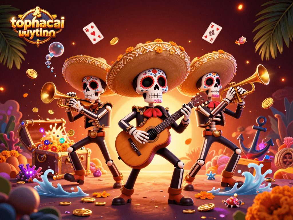 Engage with thrilling gameplay at topnhacaiuytinn featuring mariachi skeletons amidst underwater treasures.