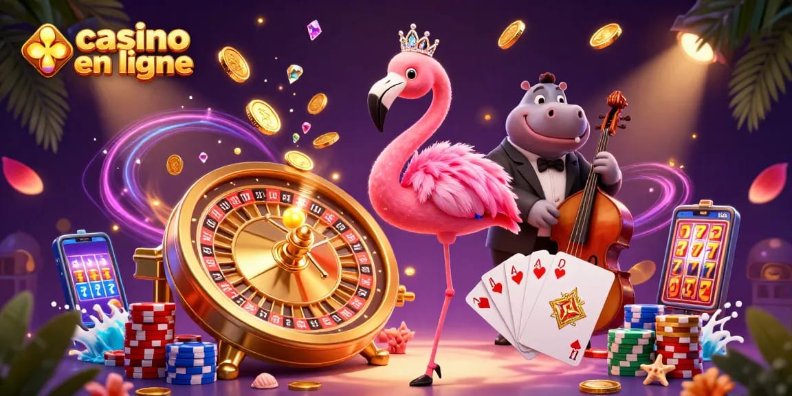 Profitez du casino en ligne avec cette scène colorée montrant des gains réels et ambiance festive.