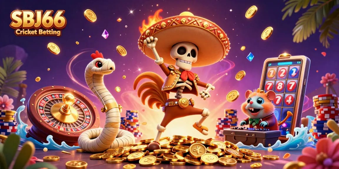 Engage with SBJ66 Cricket Betting through an energetic 3D casino scene filled with characters and game elements.