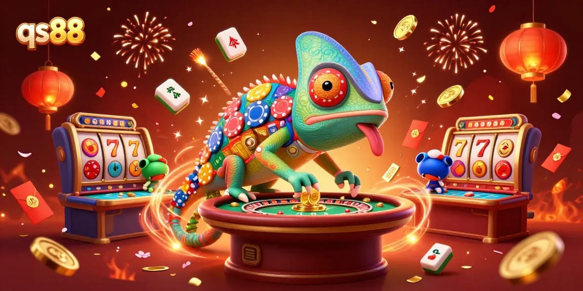 Engage with qs88’s vibrant casino experience featuring a chameleon character, jackpots, and dynamic game elements.