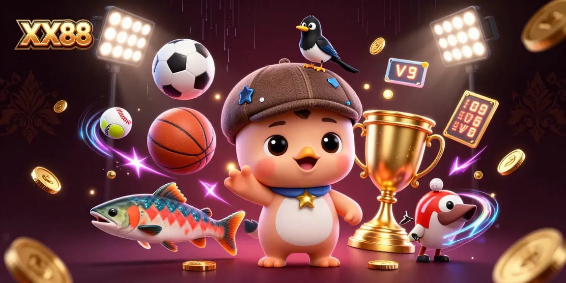 Experience exciting gameplay at XX88 with a vibrant 3D illustration of animated characters and casino themes.