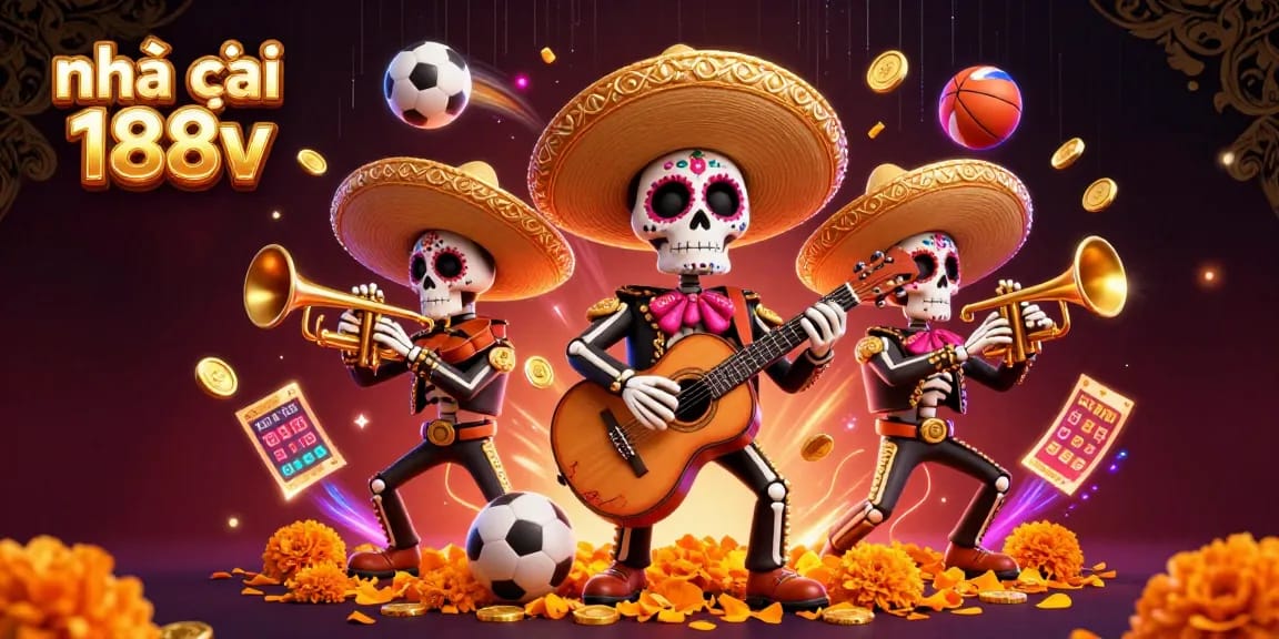 Engage with nhà cái 188v's vibrant 3D illustration featuring a lively mariachi band amidst exhilarating sports betting elements.