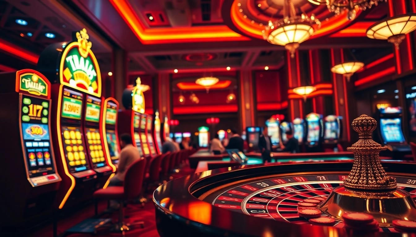 Memenangkan permainan ARAHTOGEL di kasino yang megah dengan mesin slot dan meja roulette.