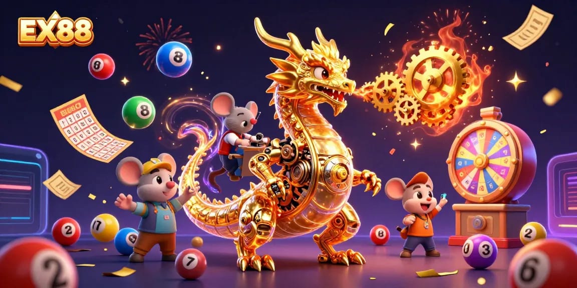 Engage with EX88's vibrant lottery scene featuring a biomechanical dragon amidst colorful games and dynamic casino elements.